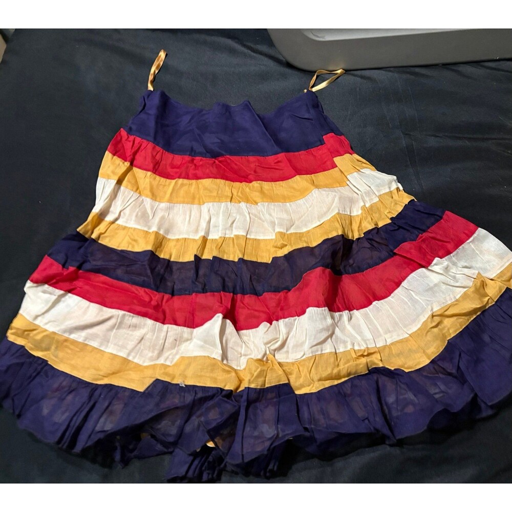 Anthropologie Edme & Esyllte tiered skirt featuring red, navy, cream, and gold 6